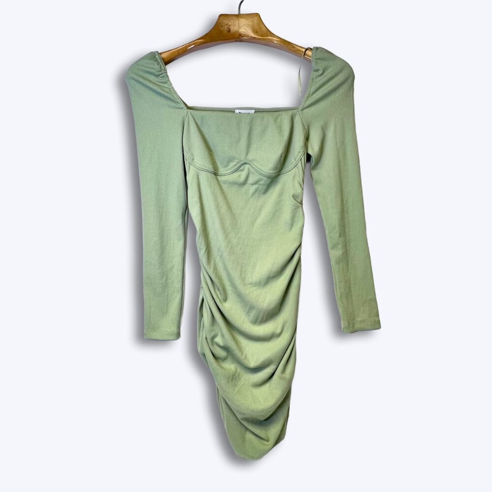 Princess Polly Portia Sage Green Ruched Ribbed Long Sleeve Mini Dress Women's 8